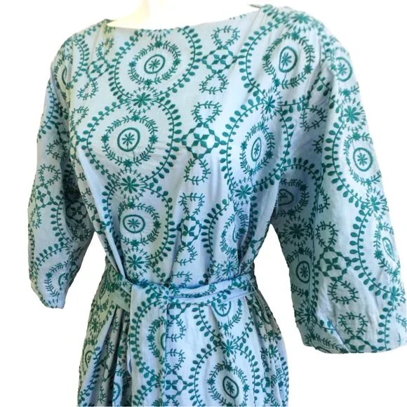 Zara Embroidered Blue Green Tunic Dress Midi Puff Sleeve Tie Belt Side  Slits S
